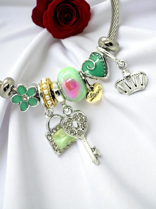 Anti Tarnished Silver Plated Key and Crown Charm Bracelet