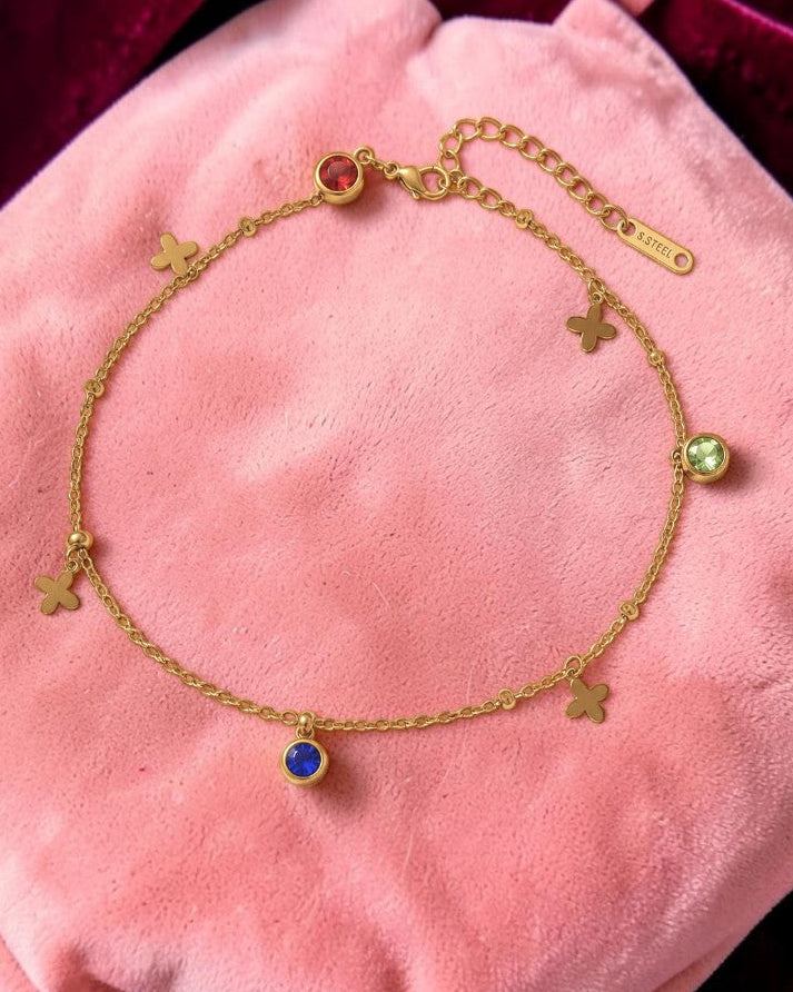 Lucky Bloom & Crystal Gold Plated Anti Tarnish Stainless Steel Anklet