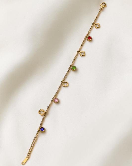 Lucky Clover Charm & Crystal - Anti tarnish Stainless Steel Chain Bracelet