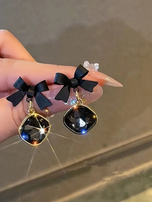 Black Bow Black Stone Cute Korean Eardrops