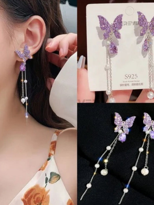 Trending Lavender Butterfly Tassles Korean Earrings