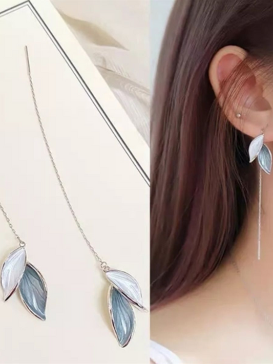 Blue Leaf Tassel Korean Earrings
