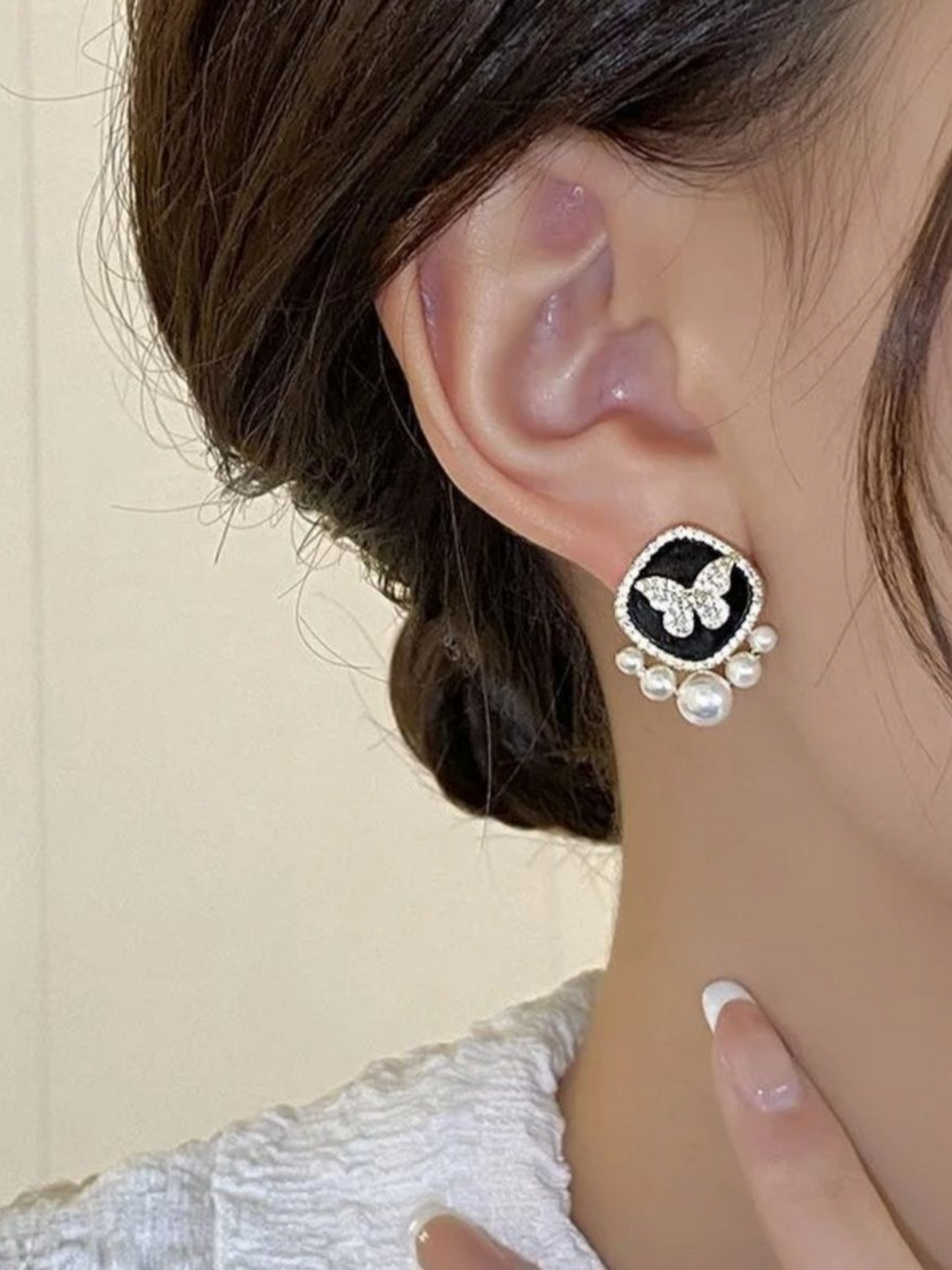 Butterfly On Pearls Korean Statement Earrings