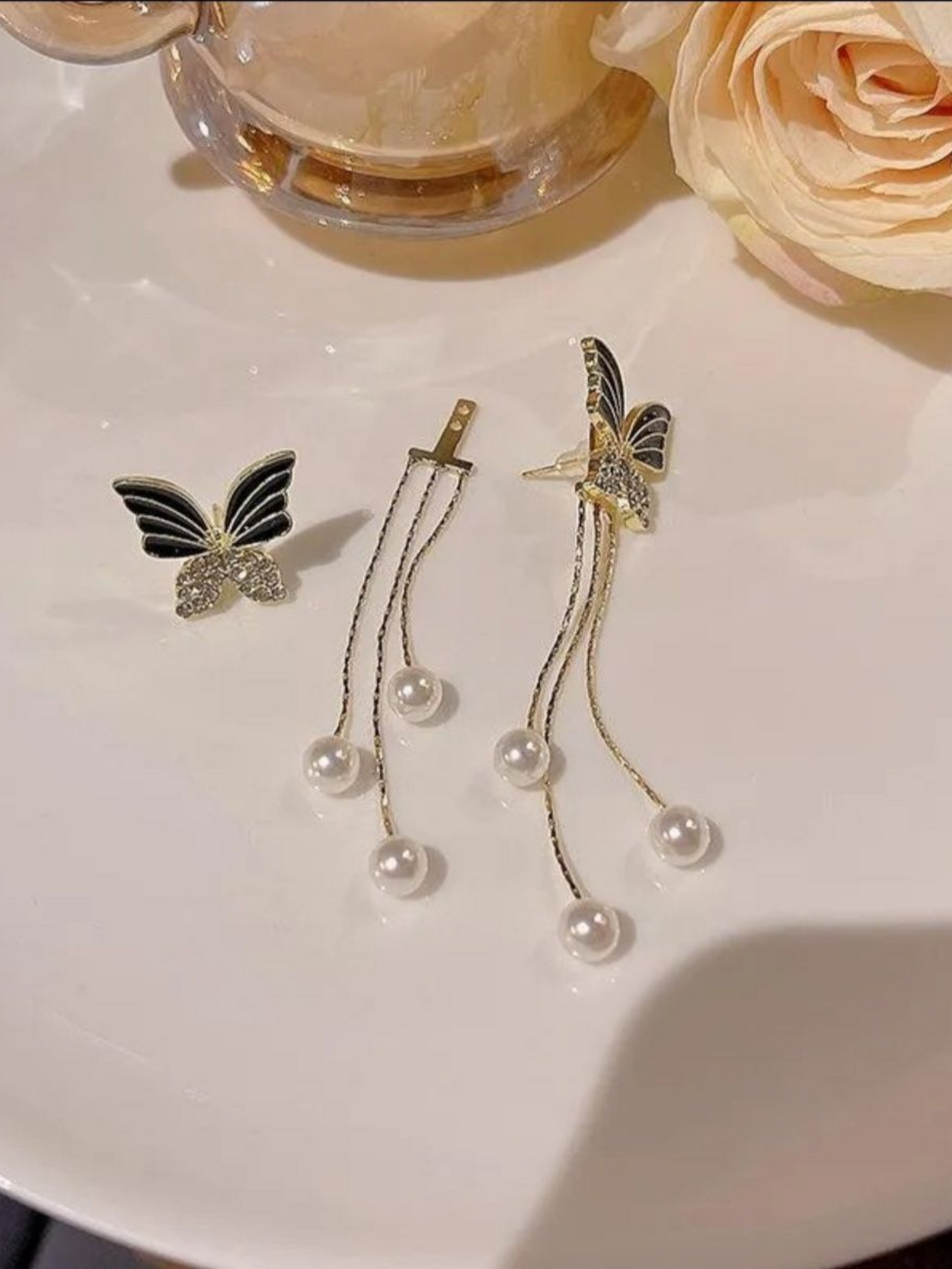Black And Gold Butterfly Pearl Korean Dangles
