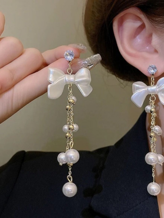 Velvety White Bow And Pearls Korean Tassels Long Earrings