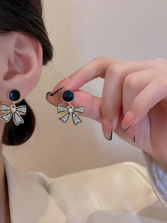 Gold And Black Bow Drops Korean Earrings