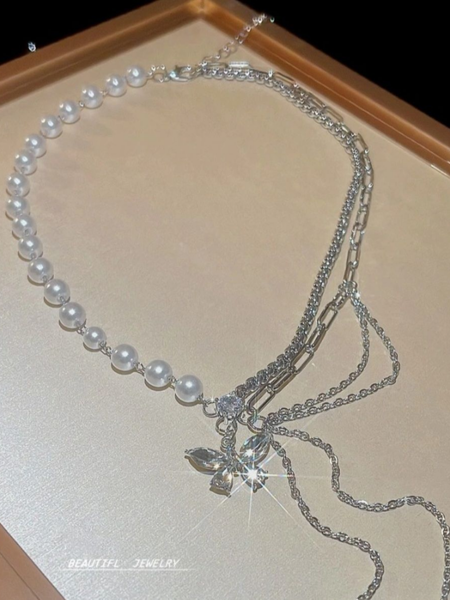 Pearls And Loops Double Layered Anti Tarnished Butterfly Necklace