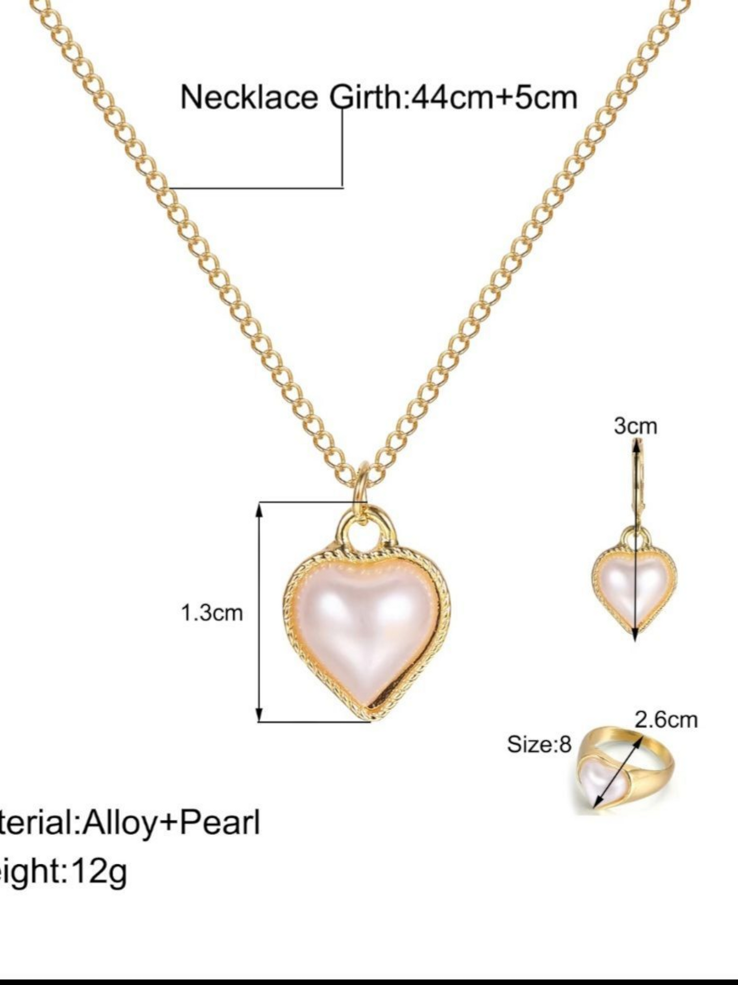 Opal Heart Pendant Necklace Set With A Big Finger Ring And Earrings