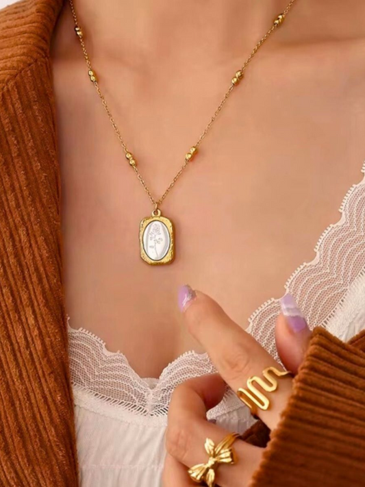 Beaded Chain Rose Engraved Heavy Pendant Necklace