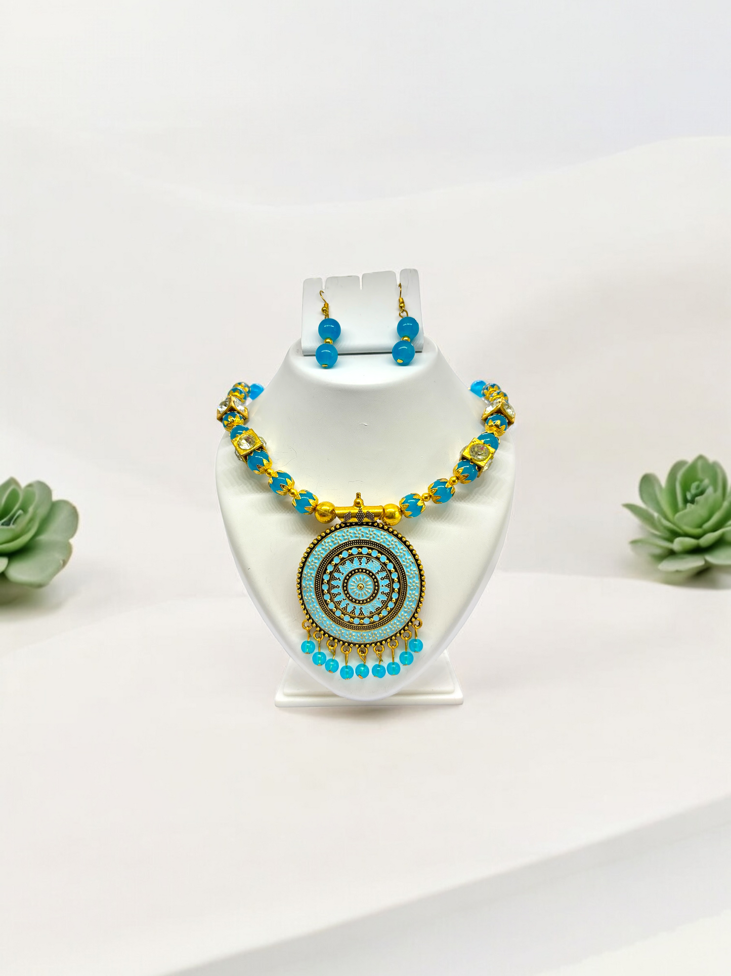 SkyBlue Beaded Rajasthani Ethnic Traditional Tribe Necklace Set
