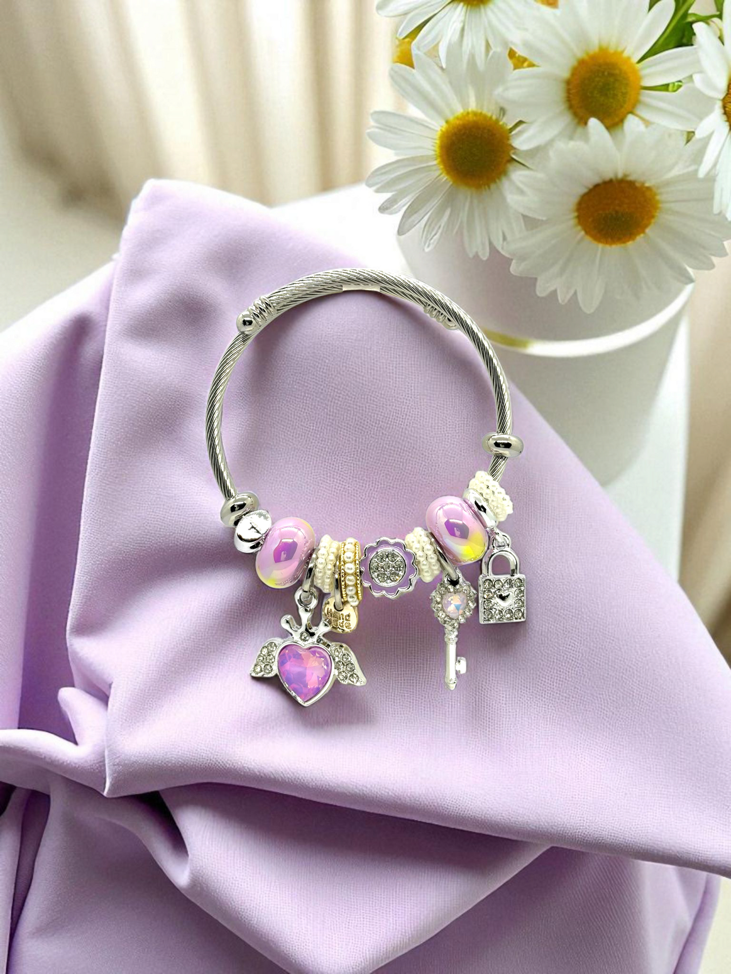 Anti Tarnished Silver Plated Pink Heart and Key Charm Bracelet