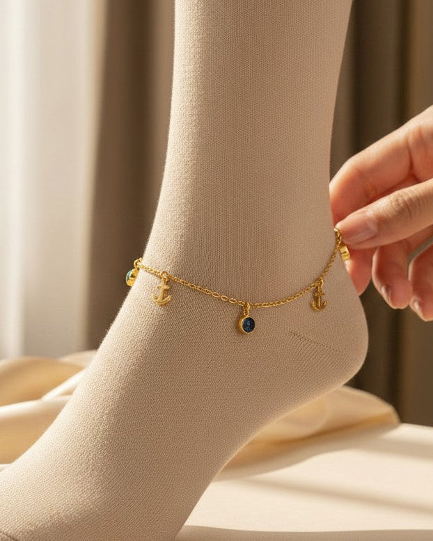 Lucky Anchor & Crystal Gold Plated Anti Tarnish Stainless Steel Anklet
