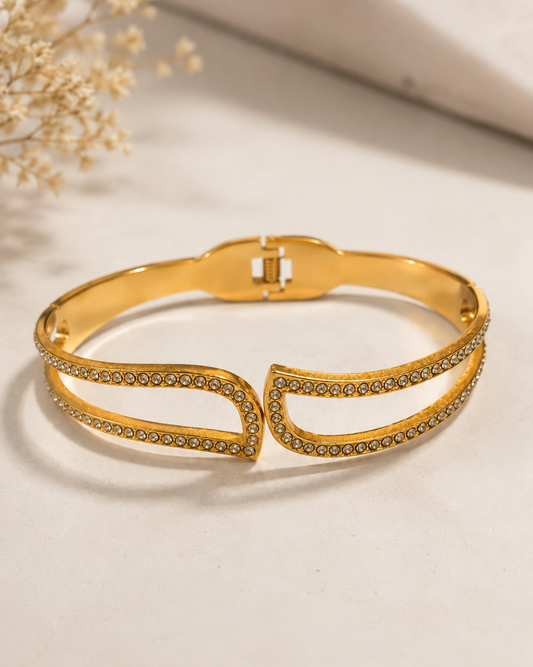 The Nova D-Frame Crystal Cuff - 18K Gold Plated Anti tarnish Stainless Steel Kada Bracelet
