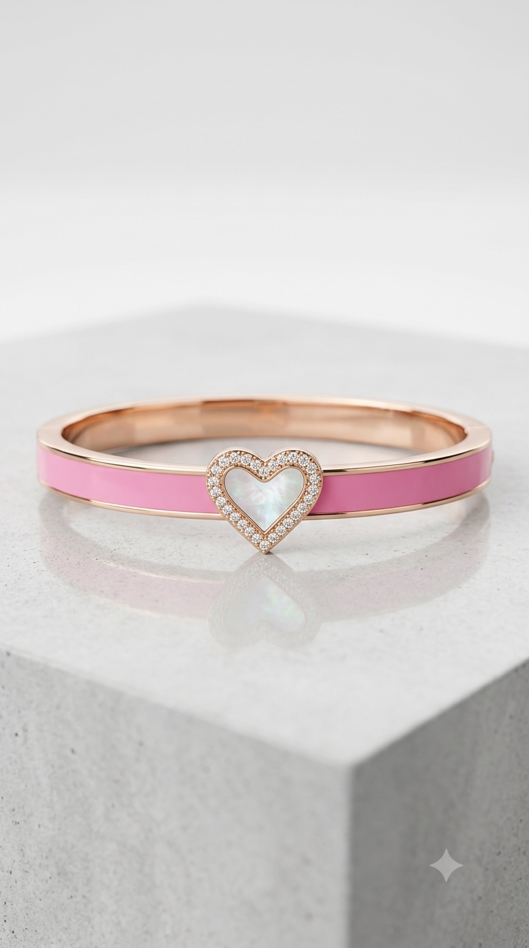 Pink Enamel Heart Bangle Bracelet with Pearl Inlay and Crystal Halo