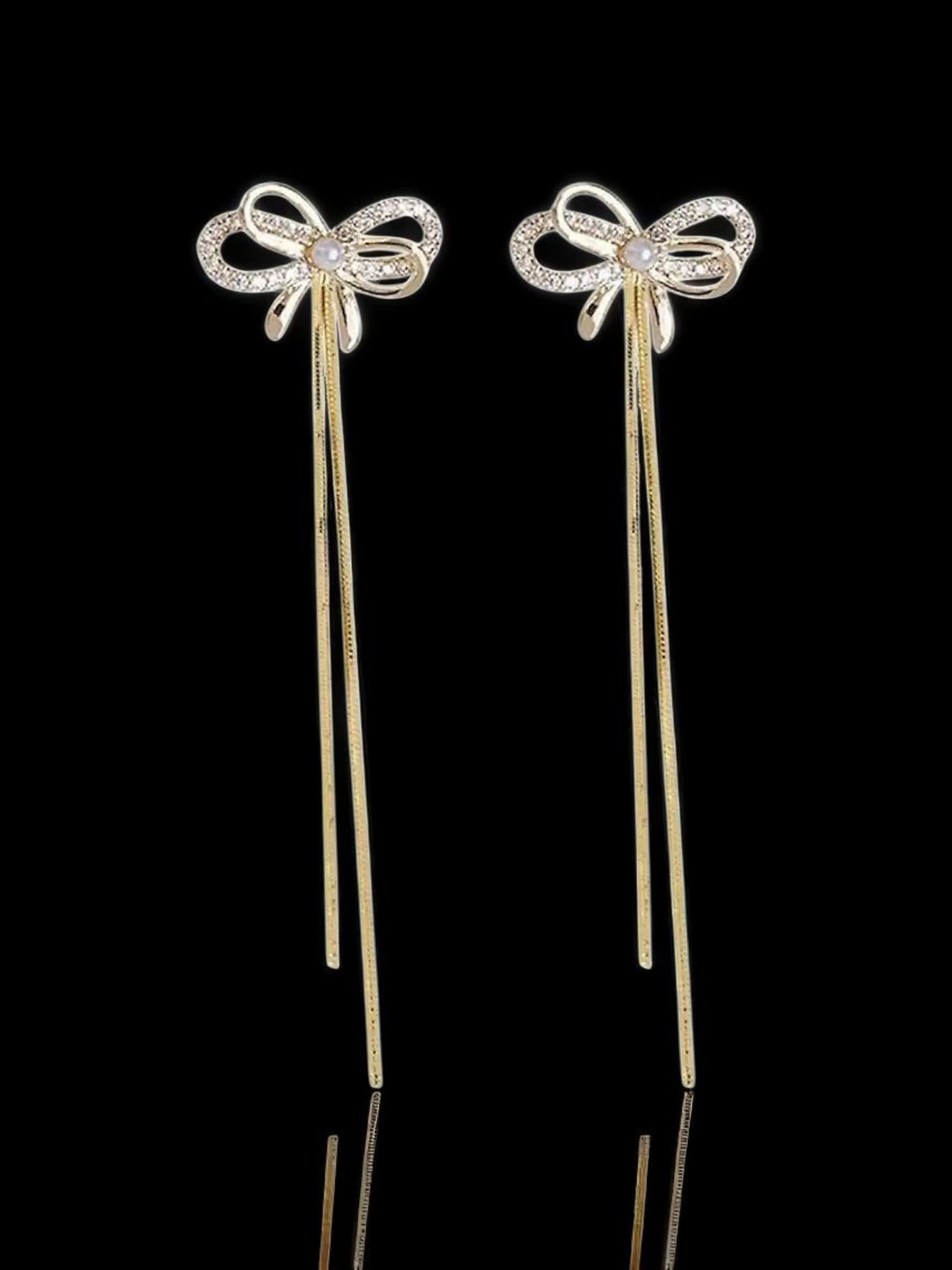 Golden Bow Tassels Korean Long Earrings