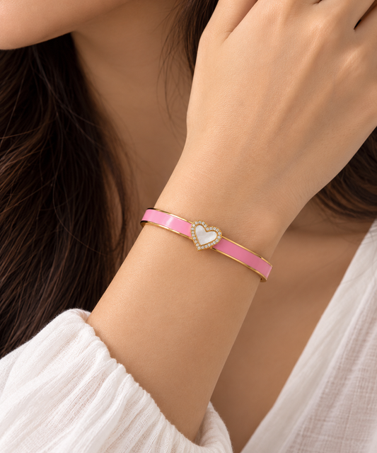 Pink Enamel Heart Bangle Bracelet with Pearl Inlay and Crystal Halo