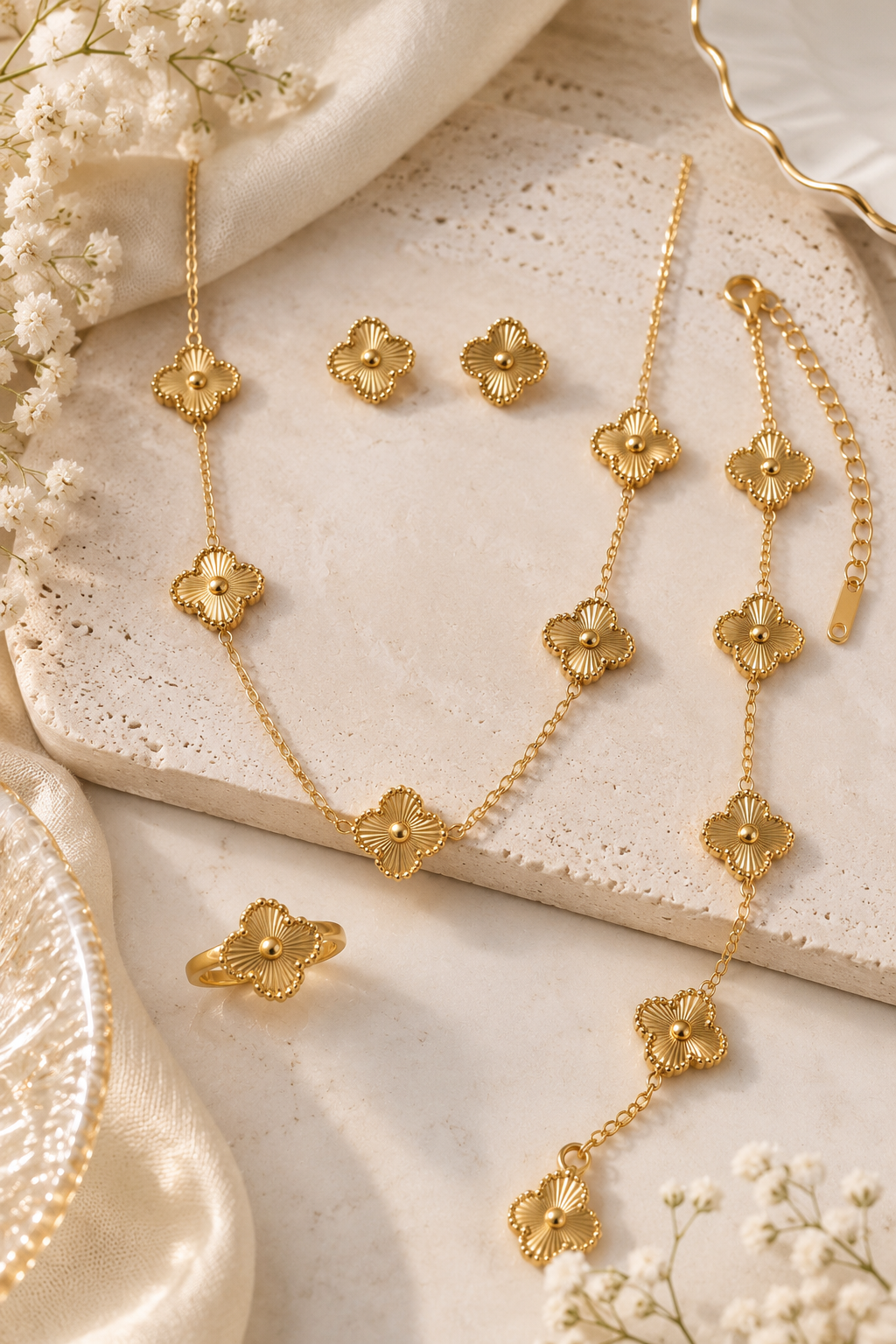 Clover Motif 4-Piece Jewelry Set: Gold-Tone Necklace, Bracelet, Earrings, and Ring Combo