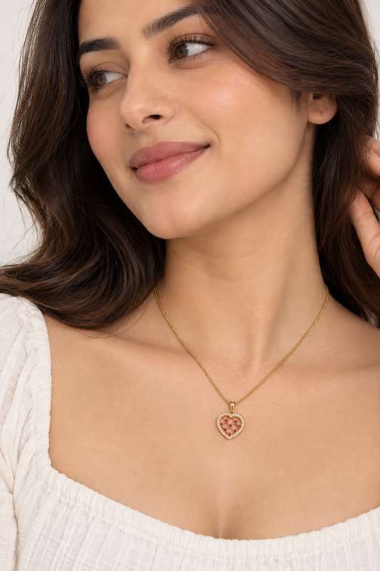 Gold-Tone Openwork Lattice Heart Pendant Necklace with Pink Accents