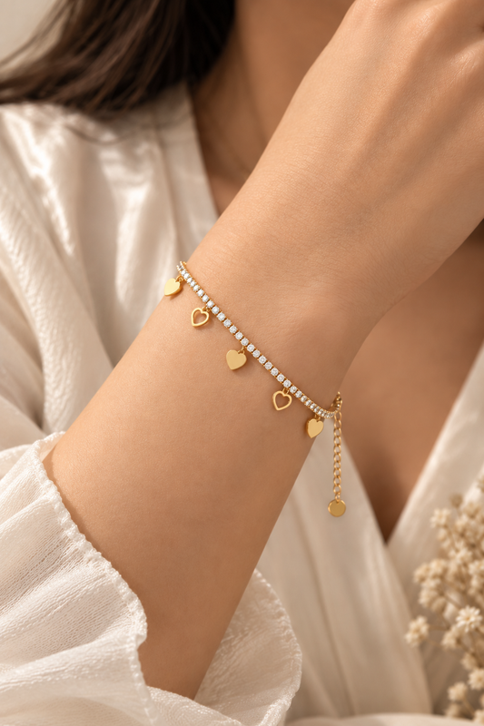Gold-Tone Crystal Tennis Bracelet with Mixed Heart Charms