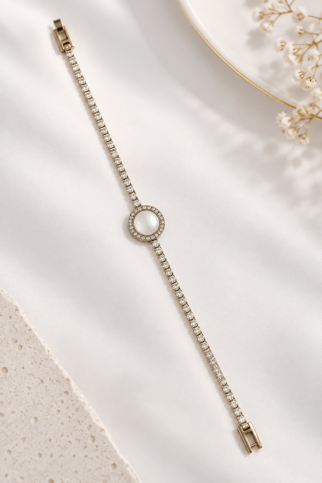 Moonstone Halo Tennis Bracelet- 18K Gold Plated Anti Tarnish Bracelet