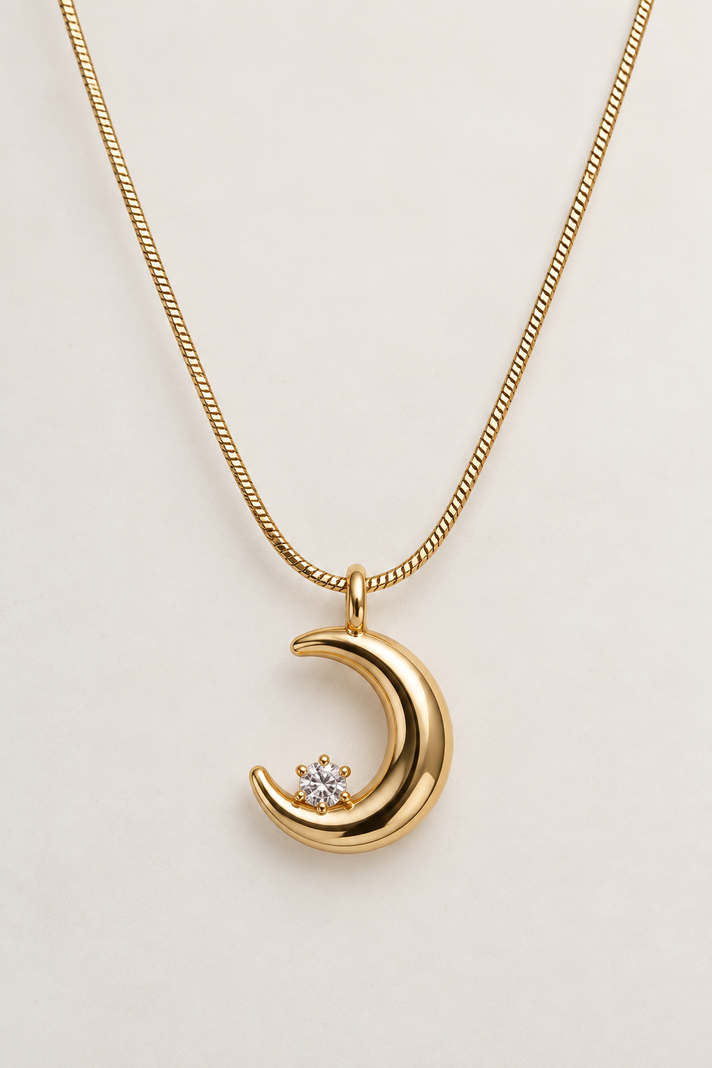 The Orbital Crescent Pendant β Polished Gold Moon Necklace with Solitaire Accent