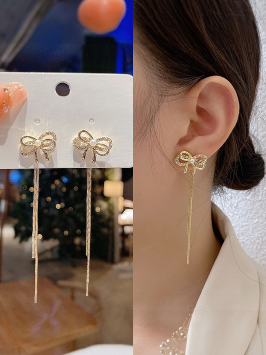 Golden Bow Tassels Korean Long Earrings
