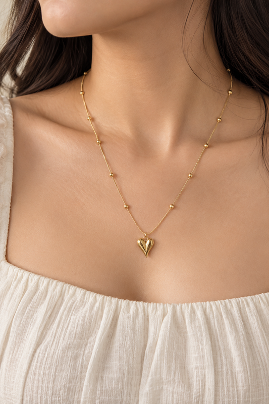 High-Polish Vesper Heart Pendant on Beaded Snake Chain