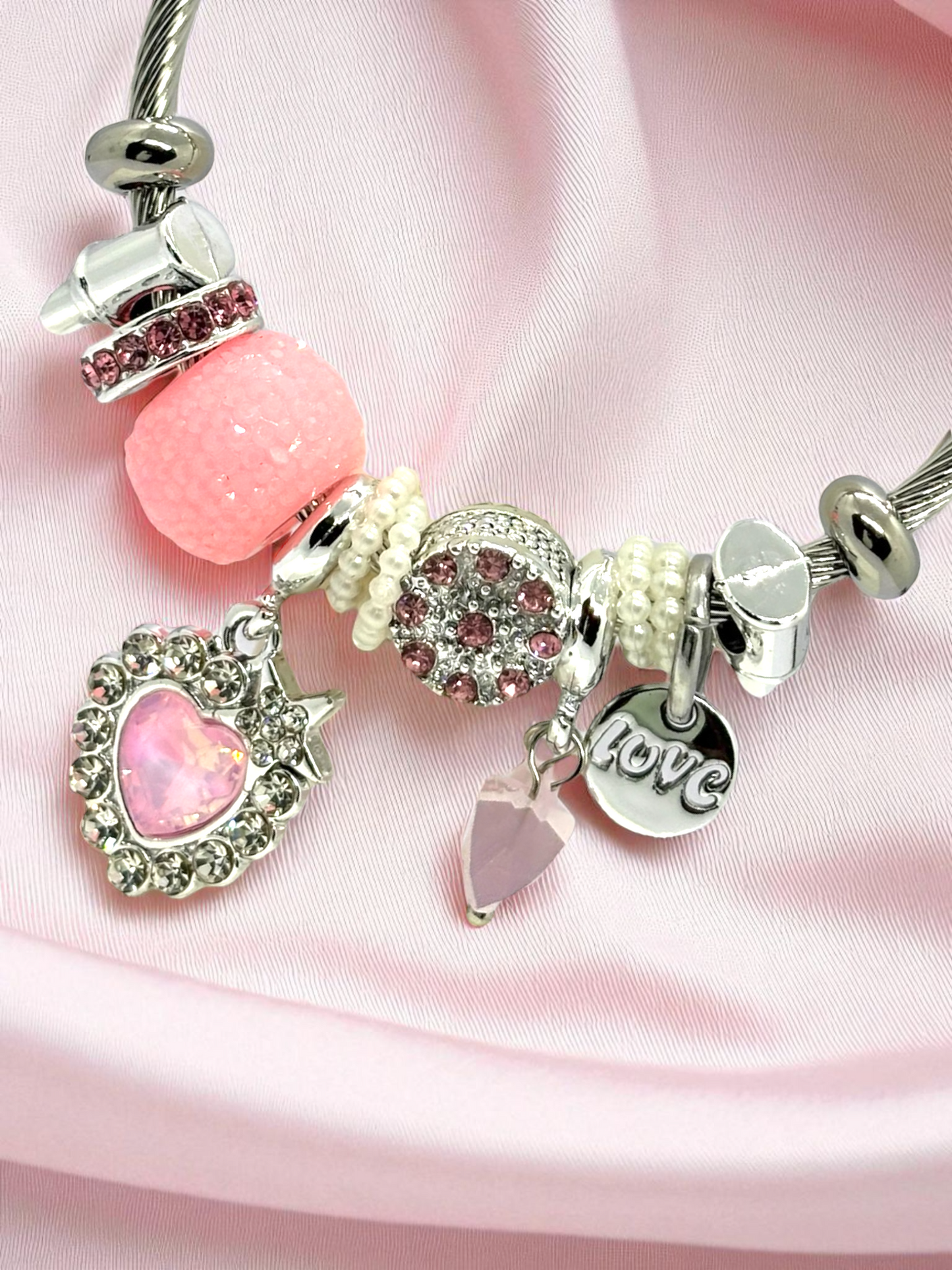 Anti Tarnished Silver Plated Love and Pink Heart Charm Bracelet