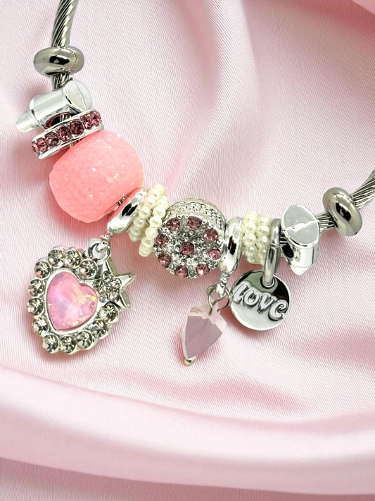 Anti Tarnished Silver Plated Love and Pink Heart Charm Bracelet