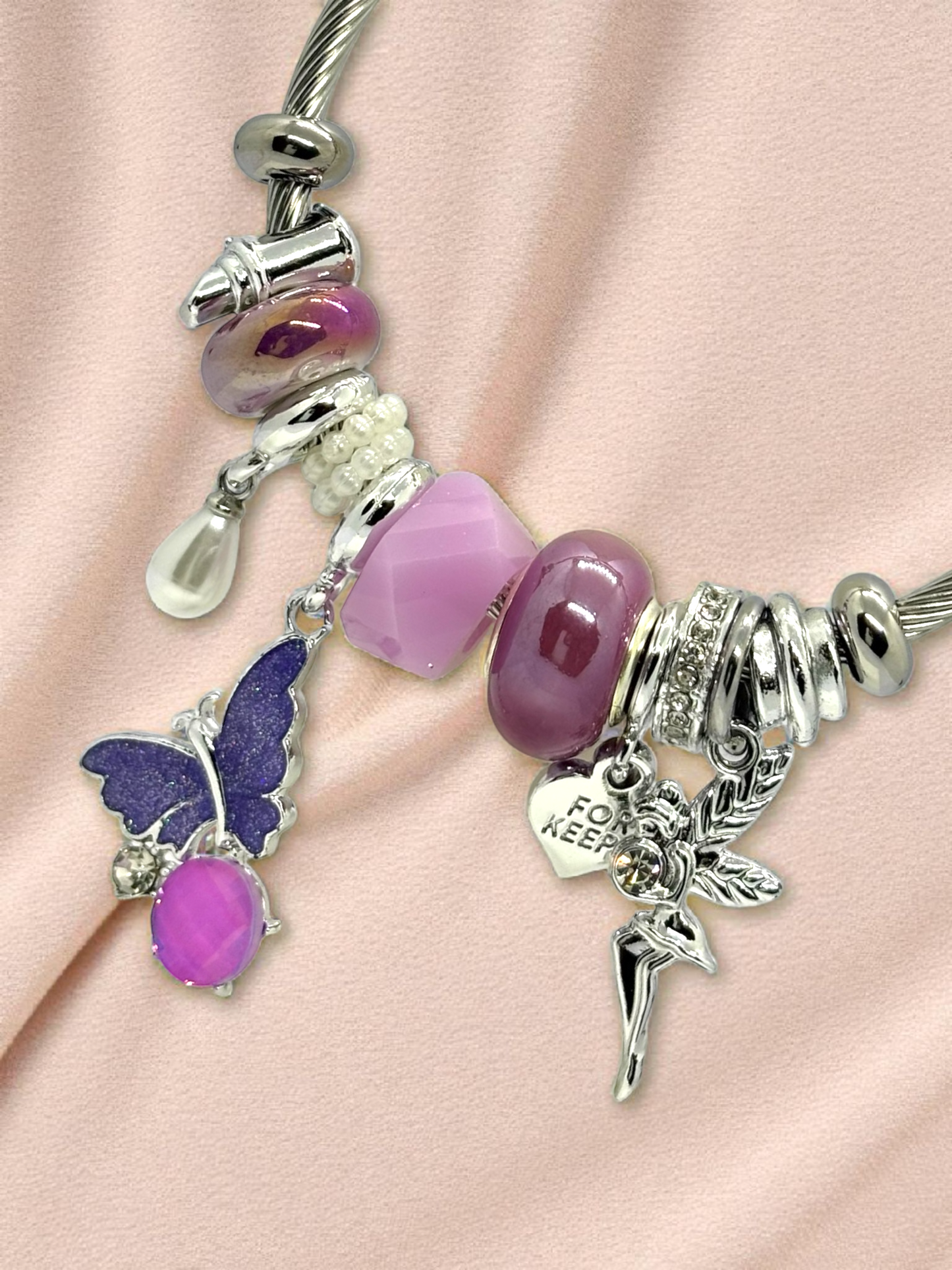 Anti Tarnished Silver Plated Princess and Butterfly Charm Bracelet