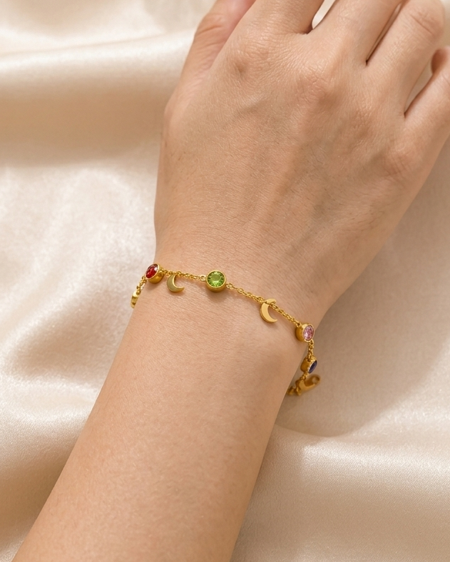 Crescent Moon Drop & Crystal - Anti tarnish Stainless Steel Chain Bracelet