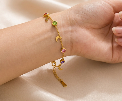 Crescent Moon Drop & Crystal - Anti tarnish Stainless Steel Chain Bracelet