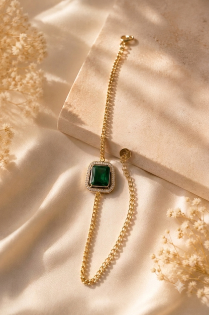 Vintage Emarald Solitaire Stone Bracelet - 18K Gold Plated Anti Tarnish Stainless Steel Bracelet