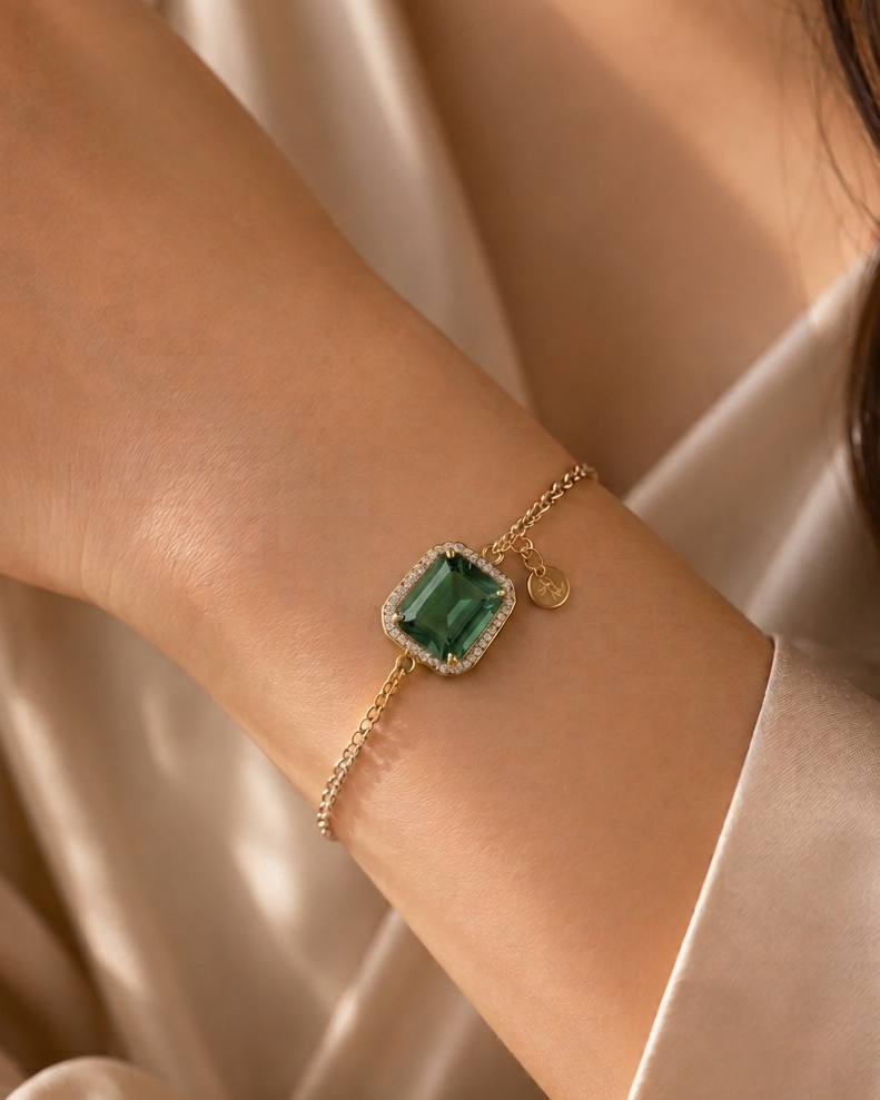 Vintage Emarald Solitaire Stone Bracelet - 18K Gold Plated Anti Tarnish Stainless Steel Bracelet