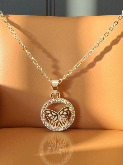 Circled Butterfly Gold Plated Anti Tarnished Cute Necklace