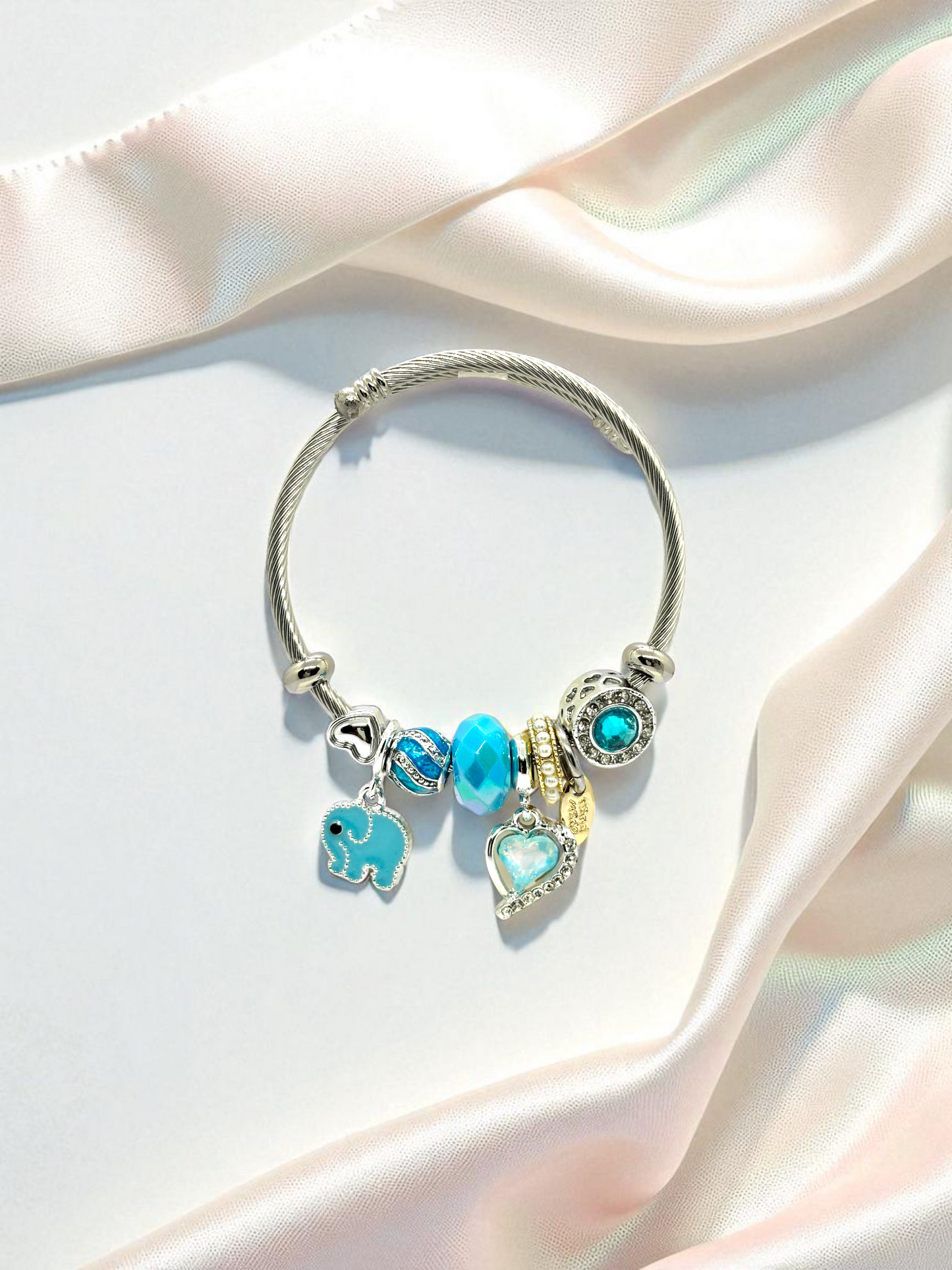 Anti Tarnished Silver Plate Elephant and Heart Charm Bracelet