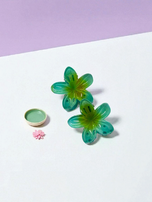 Green Glossy Medium Non-Slip Flower Claw Clip - Pack of 2