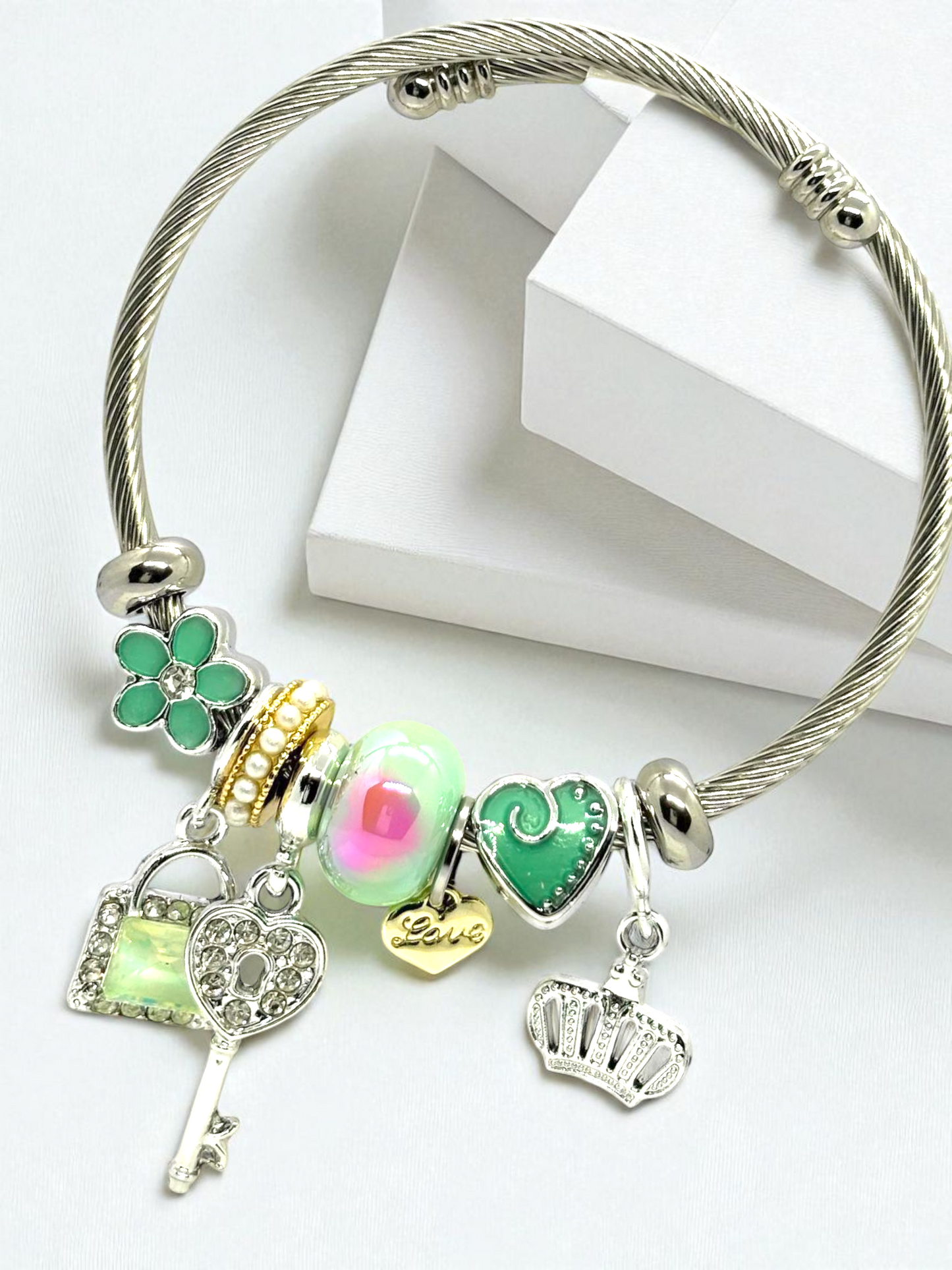 Anti Tarnished Silver Plated Key and Crown Charm Bracelet