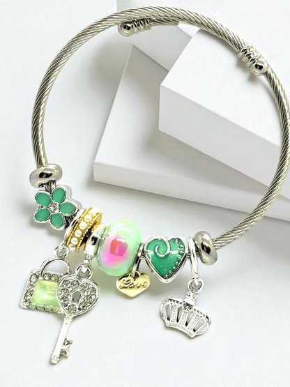 Anti Tarnished Silver Plated Key and Crown Charm Bracelet