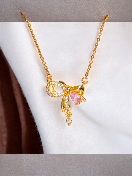Anti Tarnish Gold Plated Aversa Pink Bow Necklace