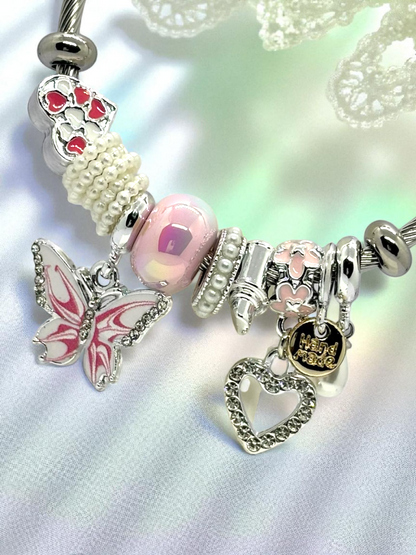 Anti Tarnished Silver Plated Butterfly and Heart Charm Bracelet