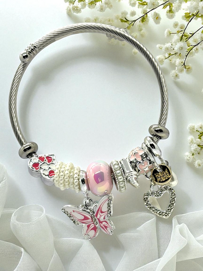 Anti Tarnished Silver Plated Butterfly and Heart Charm Bracelet