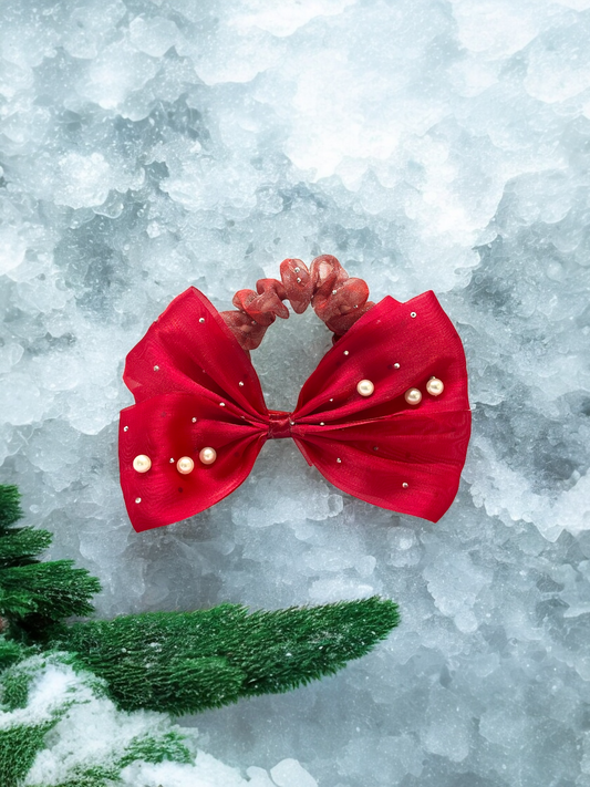 Red Bow Pearl Scrunchies Hair Band