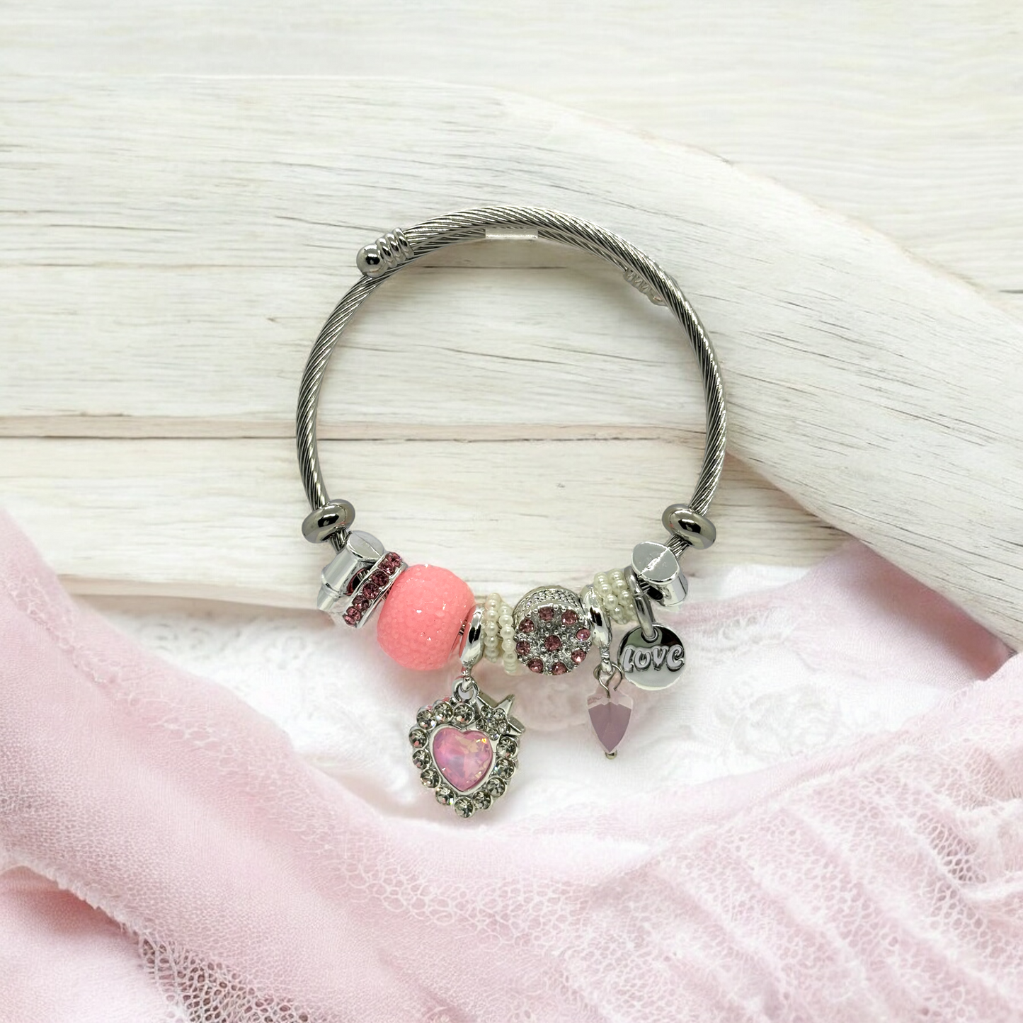 Anti Tarnished Silver Plated Love and Pink Heart Charm Bracelet