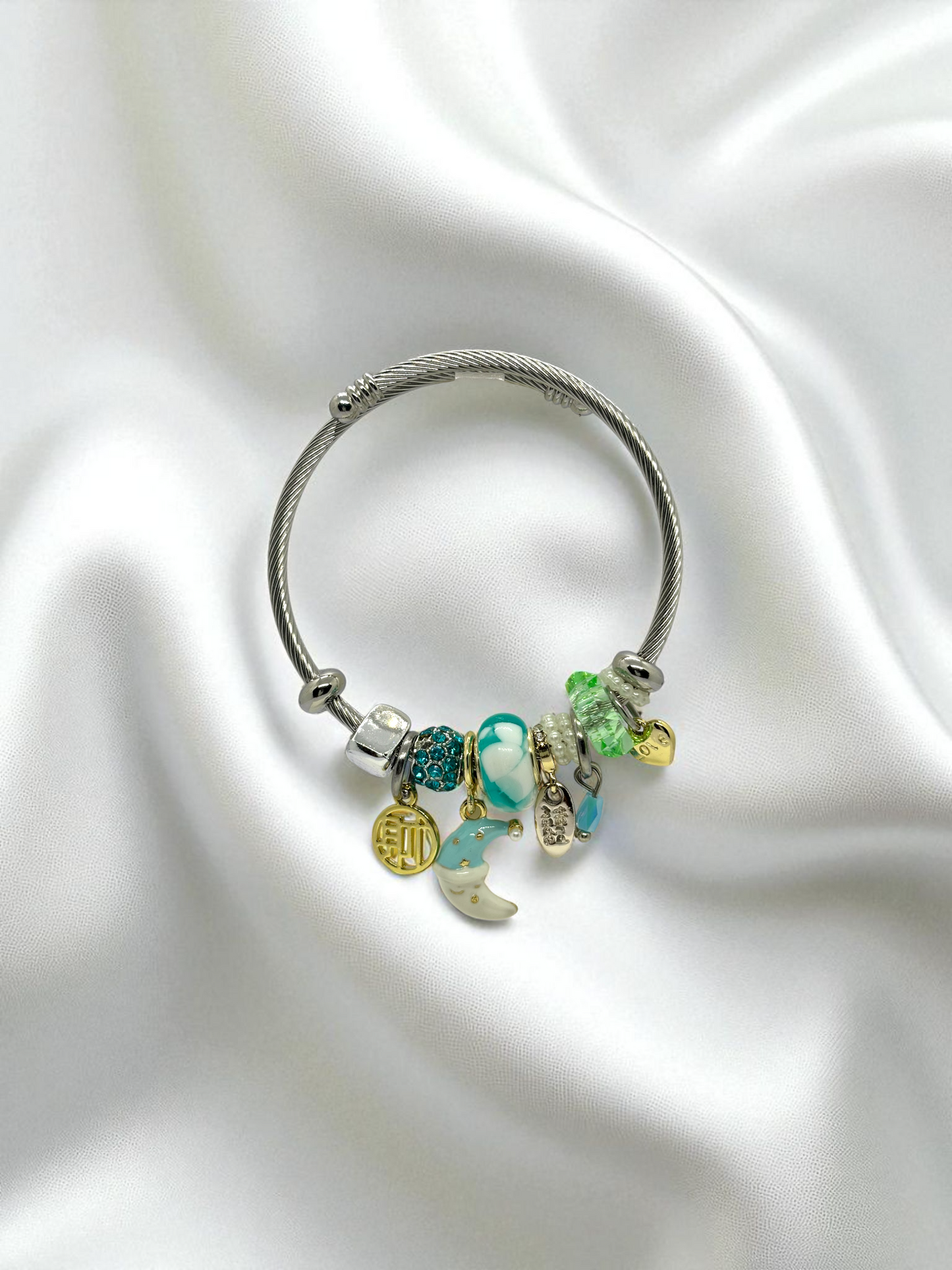 Anti Tarnished Silver Plated White Moon Charm Bracelet