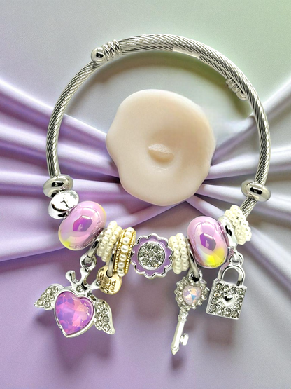 Anti Tarnished Silver Plated Pink Heart and Key Charm Bracelet