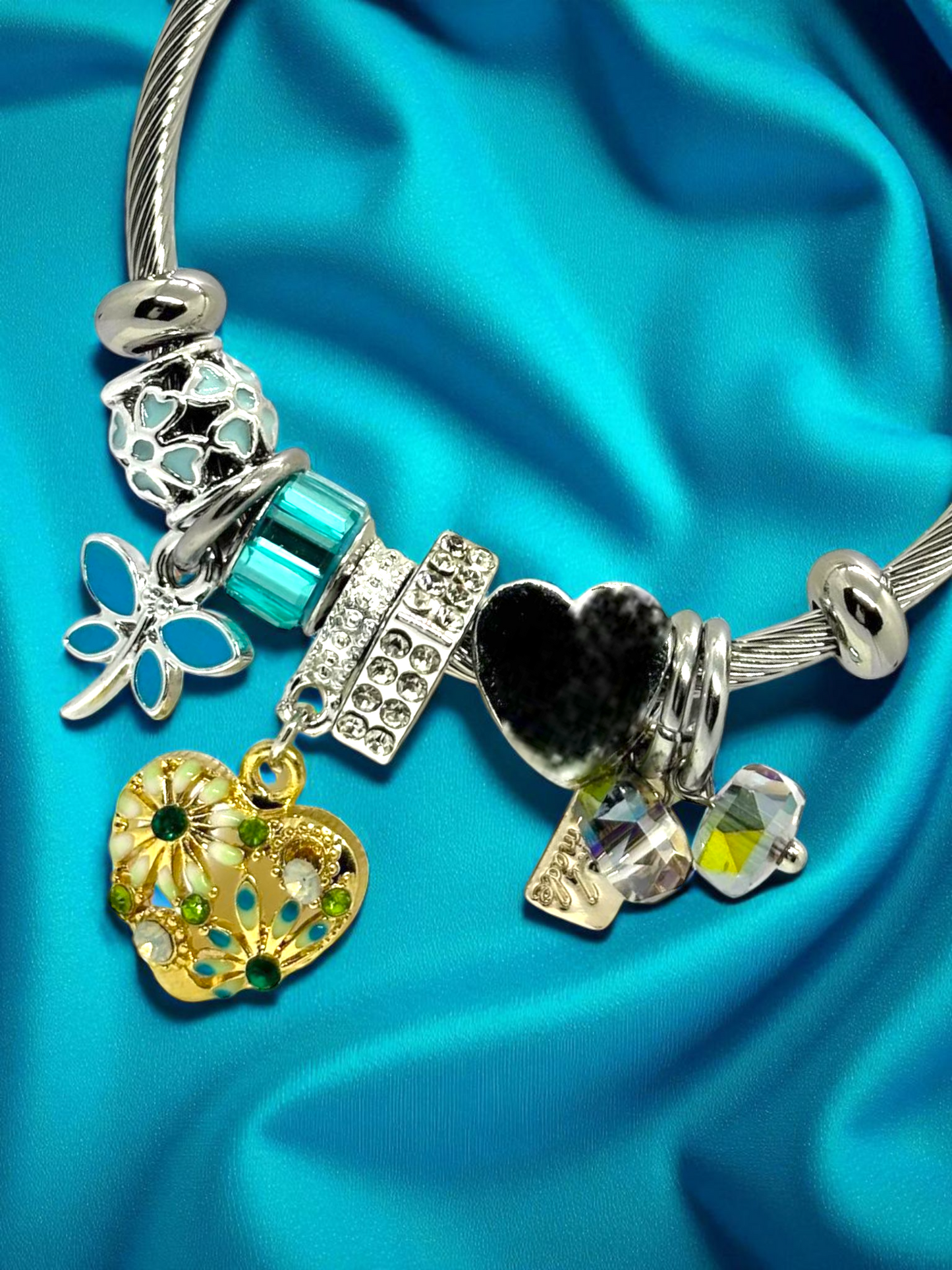 Anti Tarnished Silver Plated Heart and Butterfly Charm Bracelet
