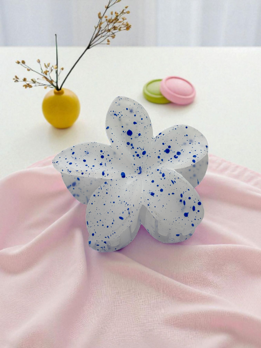 White Blue Paint Splattered Non-Slip Flower Claw Clip