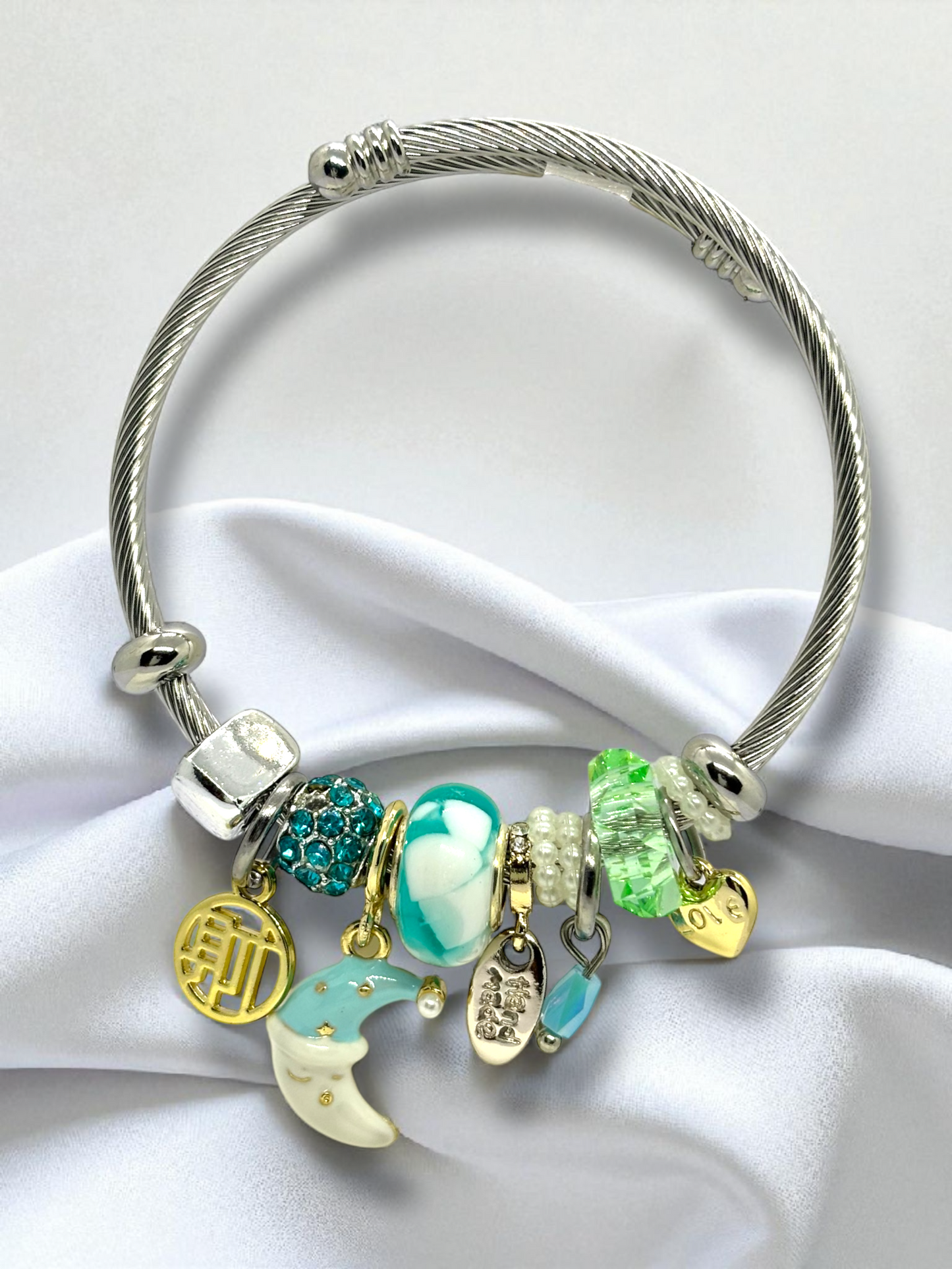Anti Tarnished Silver Plated White Moon Charm Bracelet