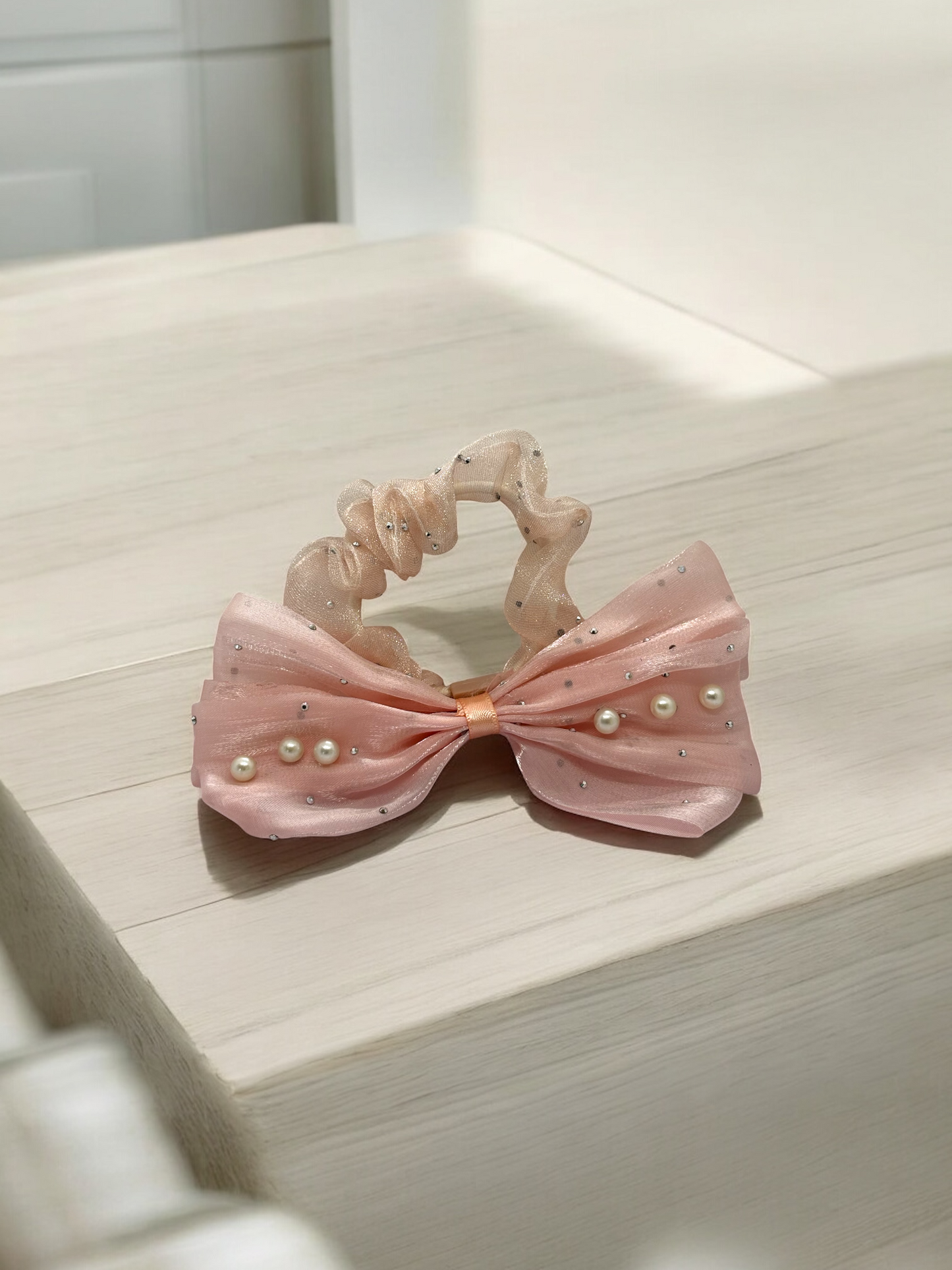 Peach Bow Pearl Scrunchies Hair Band